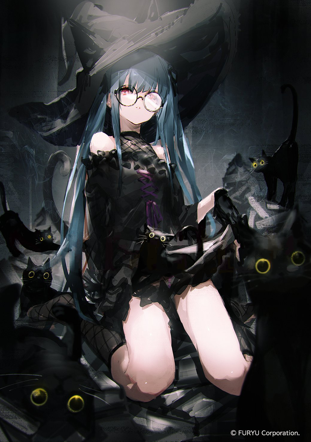 1girl, bare_legs, bare_shoulders, black_cat, blue_hair, blunt_bangs, cat, copyright_name