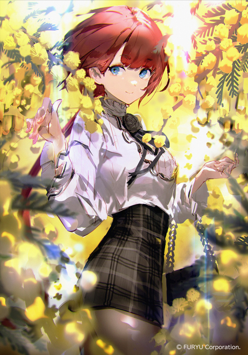 1girl, bag, black_pantyhose, blue_eyes, blurry, blurry_foreground, collar, copyright_name, cropped_legs, flower, frilled_collar, frills, handbag, high-waist_skirt, highres, hinata_nozomi, holding, holding_bag, leaf, long_hair, low_ponytail, monark, nail_polish, neck_ribbon, official_art, pantyhose, plaid_clothes, plaid_skirt, ponytail, red_hair, ribbon, shirt, skirt, smile, so-bin, standing, turtleneck, turtleneck_shirt, w_arms, yellow_flower