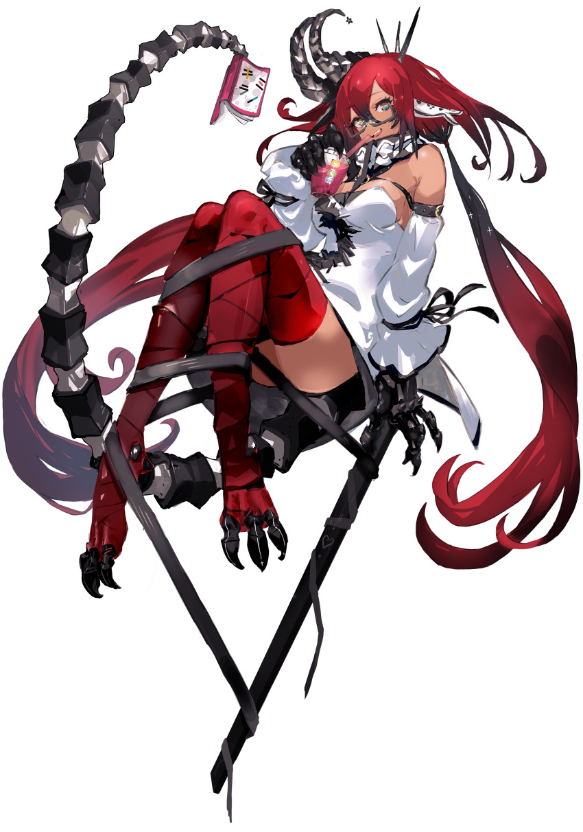 1girl, :d, absurdres, ass, bare_shoulders, blue_hair, book, breasts, bubble_tea, chest_belt, claws, cleavage, copyright_logo, cup, dark_skin, demon_horns, diana_fafnir, dress, floating, full_body, glasses, gradient_hair, head_spikes, highres, holding, holding_book, holding_by_the_tail, holding_cup, holding_rod, horns, kimirano, knees_up, logo, long_hair, low_twintails, multicolored_eyes, multicolored_hair, off-shoulder_dress, off_shoulder, official_art, open_mouth, red_hair, red_thighhighs, rod, simple_background, smile, so-bin, tail, thighhighs, transparent_background, twintails, very_long_tail