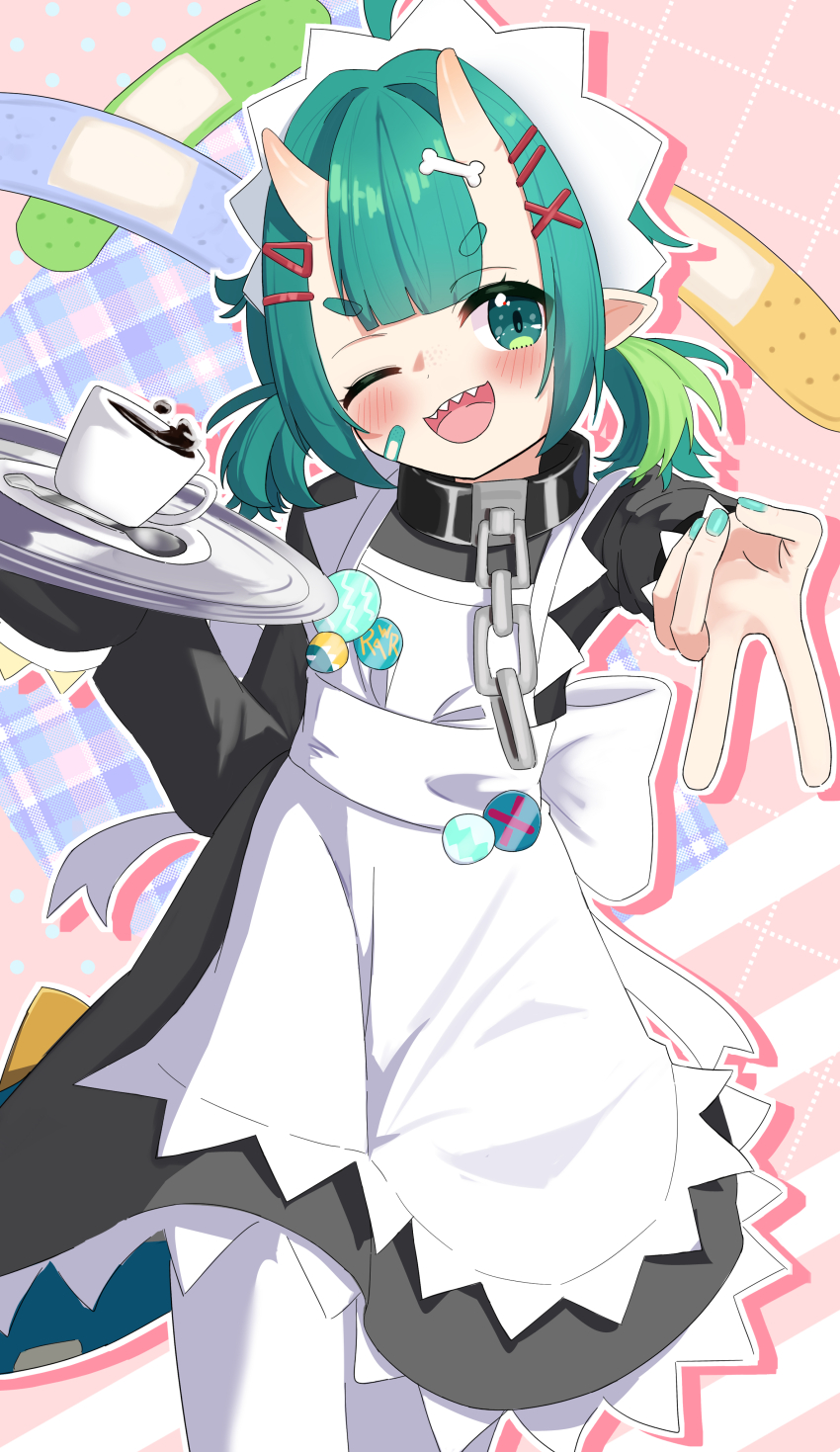 1girl, absurdres, apron, aqua_nails, back_bow, bandaid, bandaid_on_cheek, bandaid_on_face