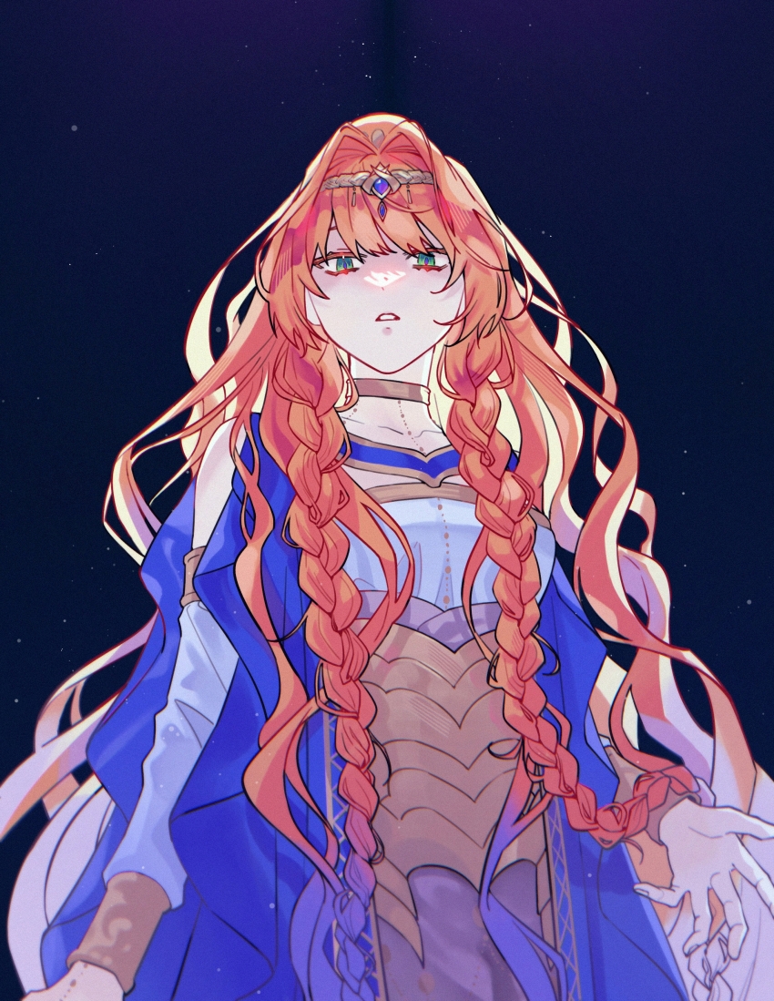 1girl, absurdres, blue_dress, braid, class_miner, detached_sleeves, dress, fate/grand_order