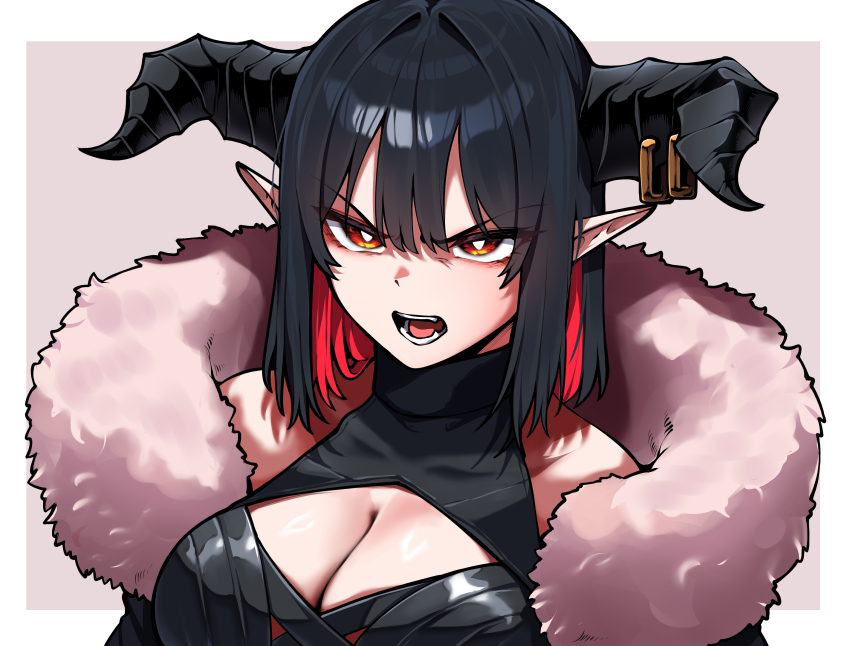 1girl, angry, black_hair, breasts, bright_pupils, cleavage, cleavage_cutout, clothing_cutout, commentary_request, epeulu_(ate5424), fur_trim, hair_between_eyes, highres, horn_earrings, horns, large_breasts, medium_hair, multicolored_hair, open_mouth, orange_hair, original, pointy_ears, red_hair, simple_background, solo, turtleneck, two-tone_hair, upper_body, white_pupils