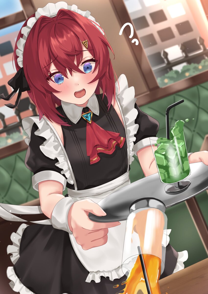 1girl, absurdres, accident, alternate_costume, ange_katrina, apron, aqua_gem, ascot