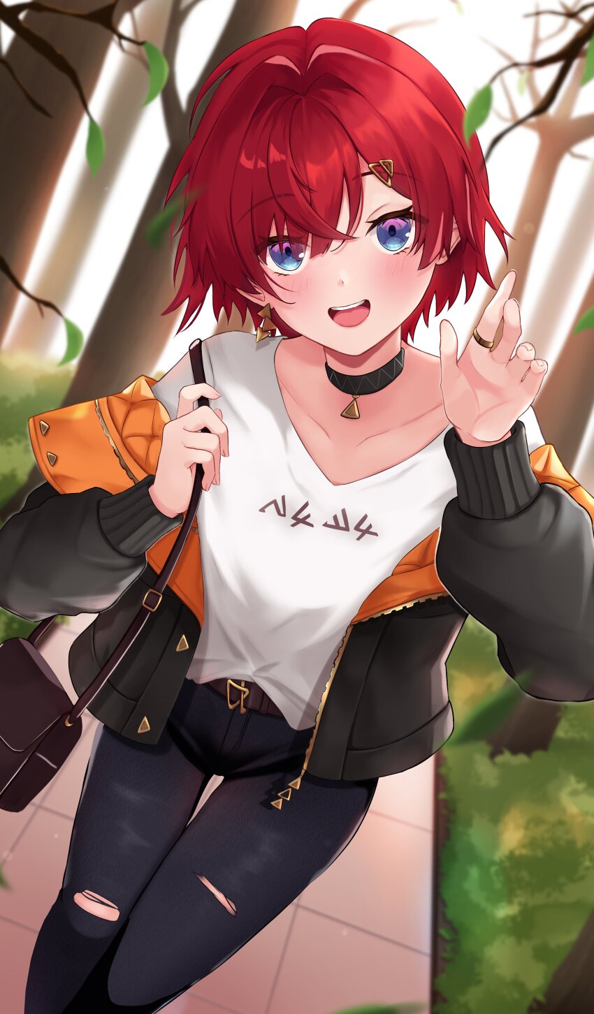 1girl, absurdres, ange_katrina, ange_katrina_(casual), baby_mn9, bag, belt, black_choker