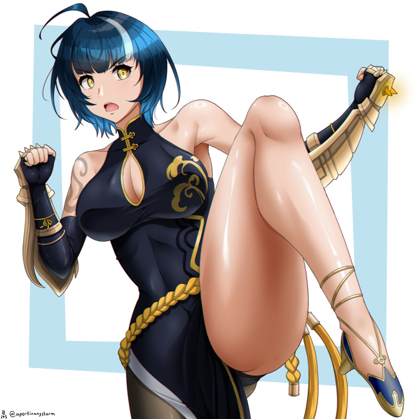 1girl, a_port_in_any_storm, absurdres, ahoge, arm_guards, bare_shoulders, black_dress, black_gloves, blue_hair, blue_slippers, breasts, brown_pantyhose, china_dress, chinese_clothes, cleavage_cutout, clothing_cutout, dress, fighting_stance, fingerless_gloves, frown, gloves, highres, large_breasts, leg_up, looking_to_the_side, multicolored_hair, pantyhose, rope, sash, seo_jiwoo, shimenawa, shoulder_tattoo, single_leg_pantyhose, slippers, solo, solo_leveling, solo_leveling:_arise, spikes, streaked_hair, tattoo, thighs, white_hair, yellow_eyes, yellow_sash