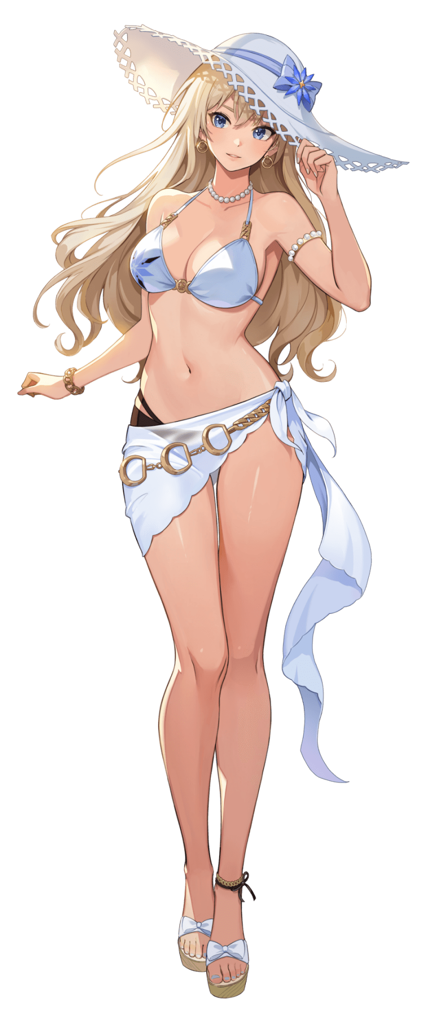 1girl, alicia_blanche, anklet, armlet, bead_necklace, beads, belly_chain, bikini, black_bikini, blonde_hair, blue_bow, blue_eyes, bow, bracelet, breasts, full_body, hair_between_eyes, hat, hat_bow, high_heel_sandals, high_heels, highres, jewelry, large_breasts, long_hair, looking_at_viewer, nail_polish, navel, necklace, official_alternate_costume, official_art, parted_lips, sandals, sarong, slippers, solo, solo_leveling, solo_leveling:_arise, stomach, sun_hat, swimsuit, toenail_polish, toenails, transparent_background, white_bikini, white_hat, white_nails, white_sarong