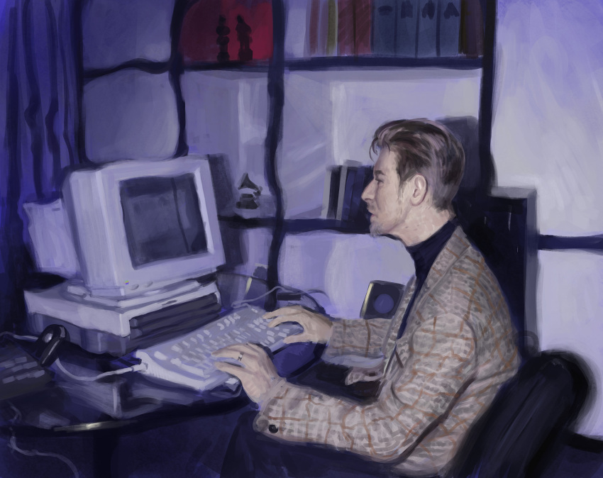 1boy, bookshelf, brown_hair, brown_shirt, chair, computer_keyboard, computer_mouse, facial_hair