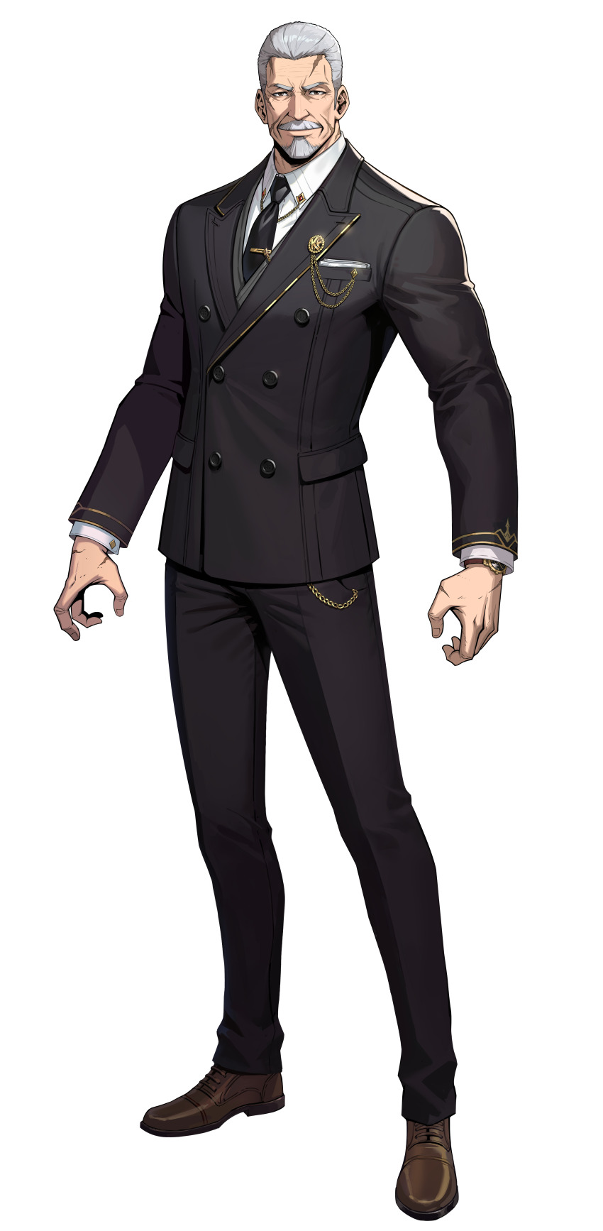 1boy, absurdres, beard, black_jacket, black_necktie, black_pants, black_suit, brown_shoes, buttons, chain, double-breasted, facial_hair, formal_clothes, full_body, go_gun-hee, gold_chain, grey_hair, grey_vest, highres, incredibly_absurdres, jacket, long_sleeves, looking_at_viewer, male_focus, muscular, muscular_male, mustache, necktie, official_art, old, old_man, pants, scar, scar_on_face, scar_on_hand, shirt, shoes, solo, solo_leveling, solo_leveling:_arise, suit, tie_clip, transparent_background, vest, watch, white_shirt, wing_collar, wristwatch