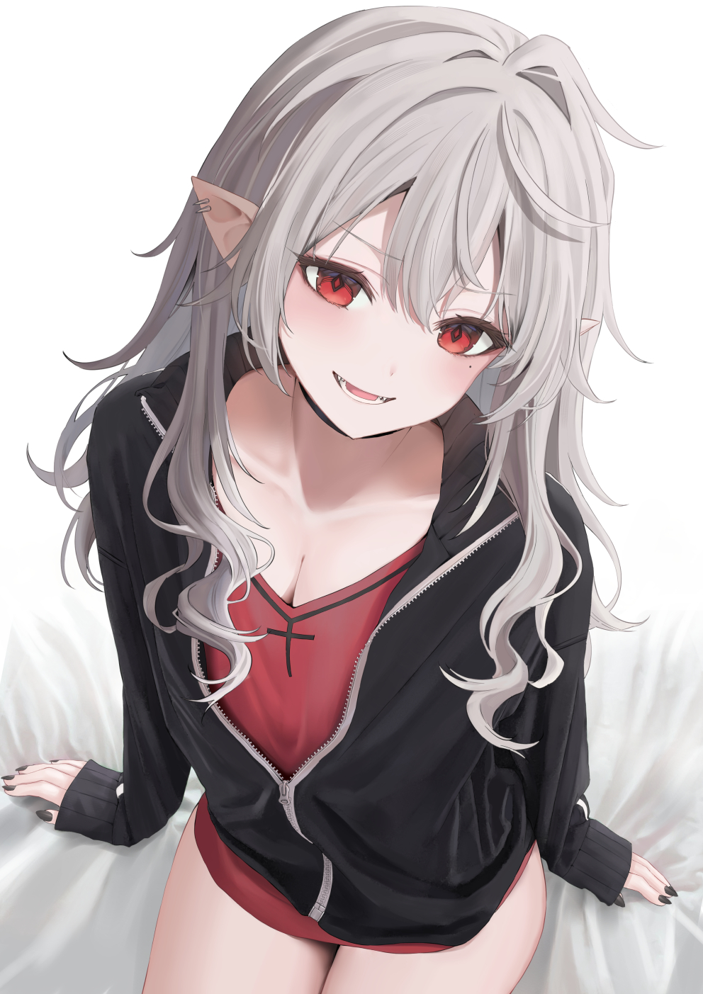 1girl, :d, bed_sheet, black_nails, blush, bottomless, breasts, cleavage