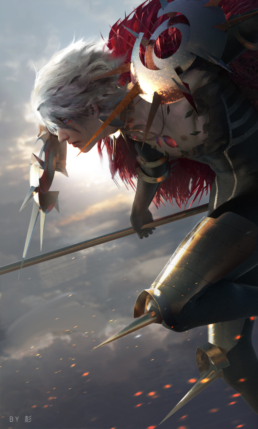 1boy, armor, artist_name, bare_pectorals, bishounen, capelet, chest_jewel, closed_mouth