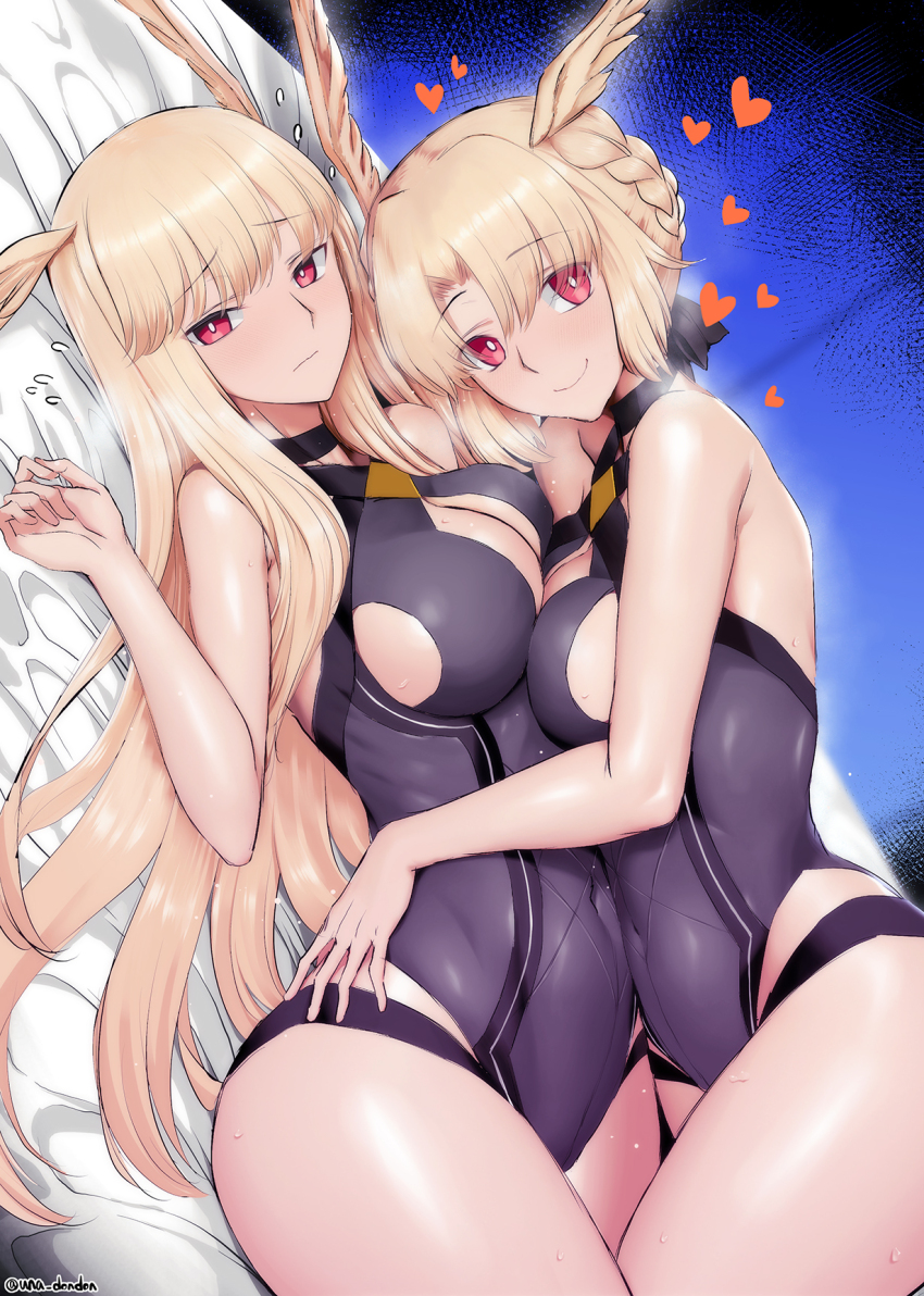 2girls, bare_shoulders, black_gloves, black_one-piece_swimsuit, blonde_hair, blush, breasts, cleavage