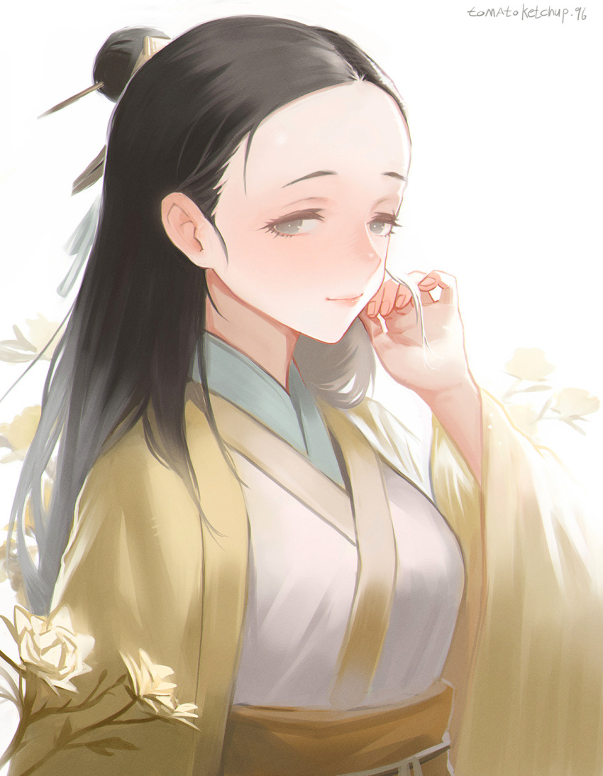 1girl, bangs_pinned_back, black_hair, blush, downturned_eyes, forehead, hair_bun, hair_ornament, hair_slicked_back, hair_stick, highres, legend_of_mortal, long_hair, parted_bangs, single_hair_bun, tomatoketchup96, wei_ju