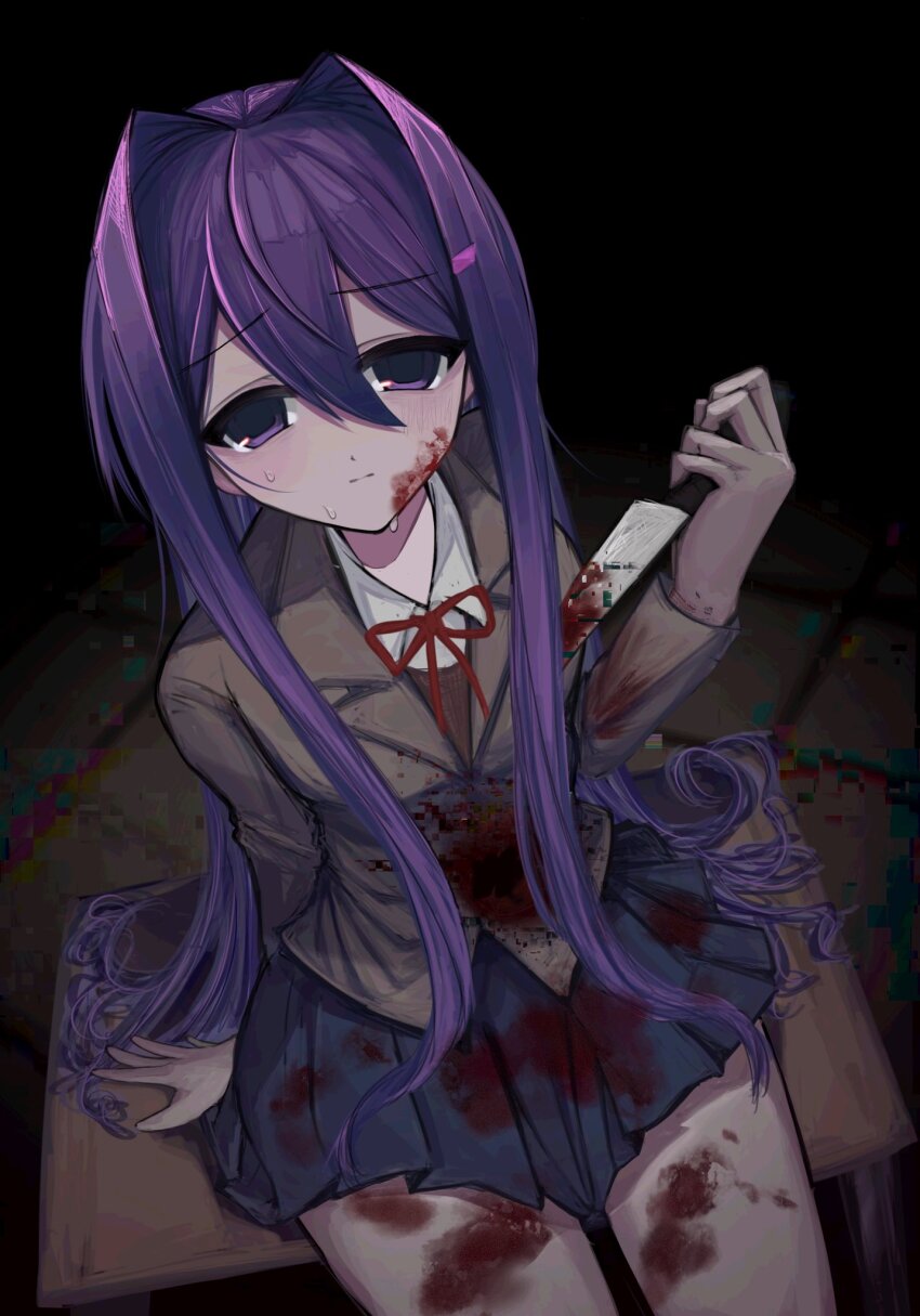 1girl, blazer, blood, blood_on_clothes, blood_on_face, blood_on_leg, bloody_knife, blue_skirt