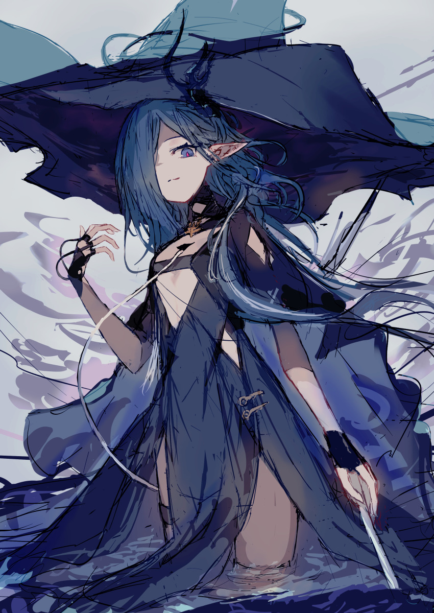 1girl, absurdres, arknights, arm_at_side, black_dress, black_gloves, black_hat, blue_eyes