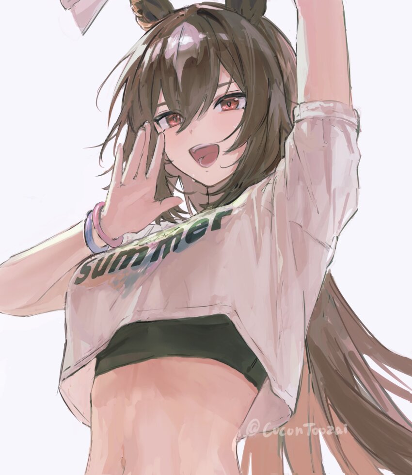 1girl, animal_ears, arms_up, artist_name, black_sports_bra, breasts, brown_hair, clothes_writing