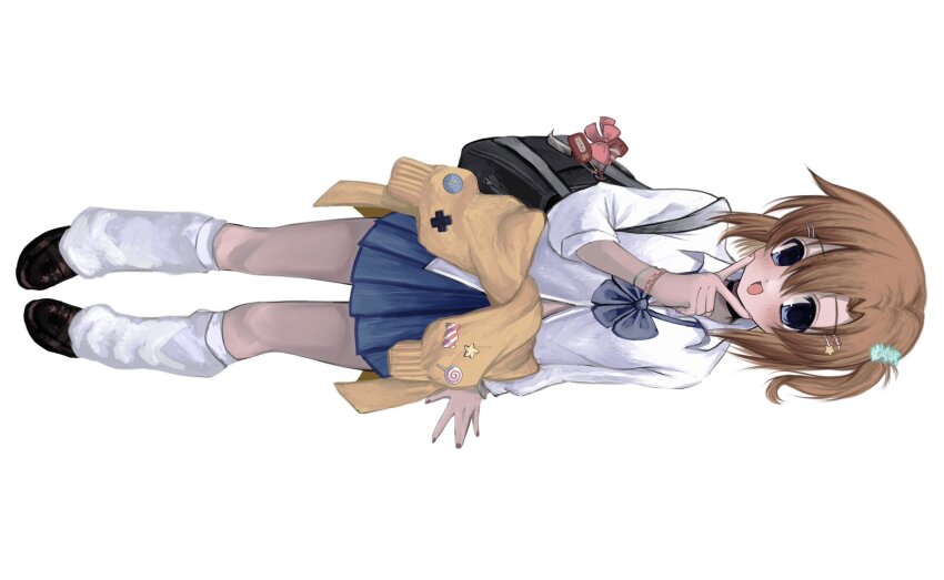 1girl, bag, black_choker, blue_bow, blue_eyes, blue_skirt, blush, bow