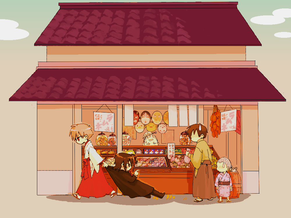 1girl, 4boys, black_hair, brown_hair, candy, candy_store, dragging, faceless