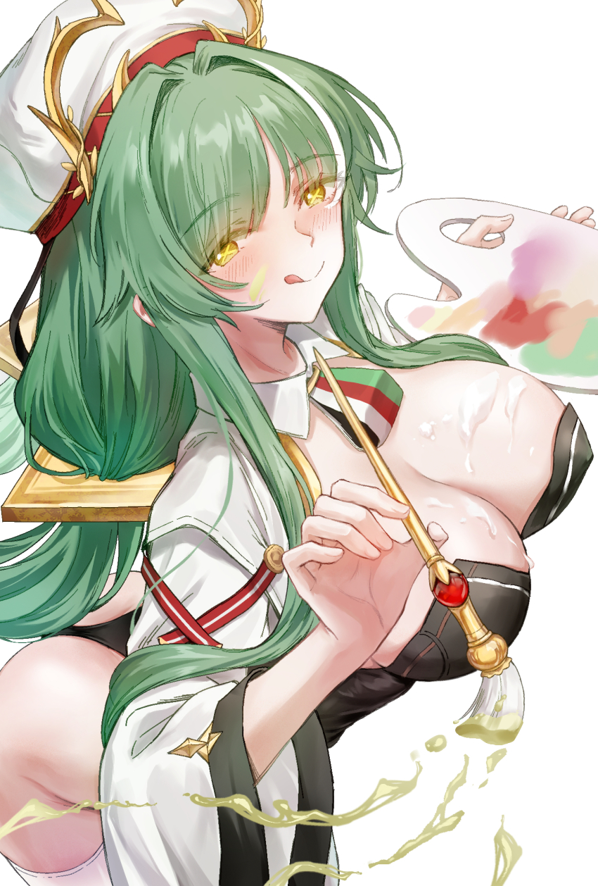 :q, azur_lane, black_leotard, blush, breasts, cleavage, cross-shaped_pupils, green_hair