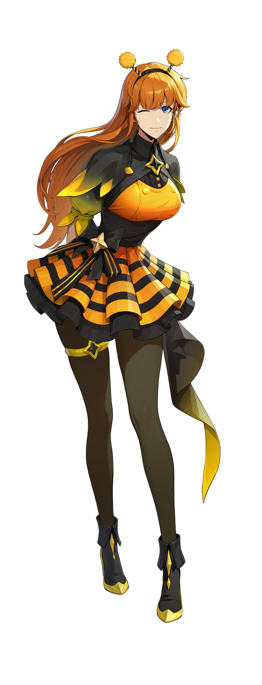 1girl, ;), absurdres, antennae, arms_behind_back, bee_costume, black_boots, black_capelet