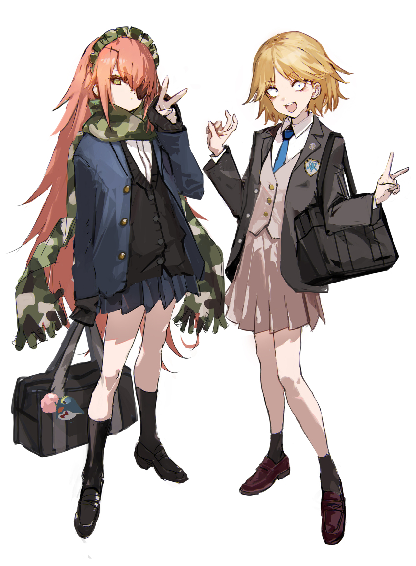 2girls, :d, absurdres, bag, bare_legs, blonde_hair, camouflage_hairband, camouflage_scarf, collared_shirt, cz2128_delta, double_v, dress_shoes, eyepatch, full_body, hair_over_one_eye, highres, holding, holding_bag, kneehighs, long_hair, multiple_girls, necktie, neia_baraja, open_mouth, overlord_(maruyama), parted_bangs, pink_hair, pleated_skirt, sanpaku, shirt, short_hair, shoulder_bag, simple_background, skirt, smile, so-bin, socks, standing, stuffed_toy, v, very_long_hair, white_background