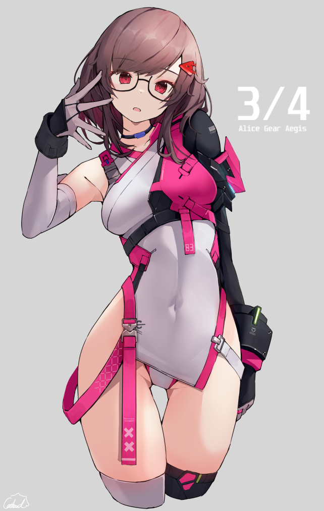 1girl, alice_gear_aegis, black-framed_eyewear, brown_hair, chishima_miyuki, cropped_legs, glasses, red_cat_hood