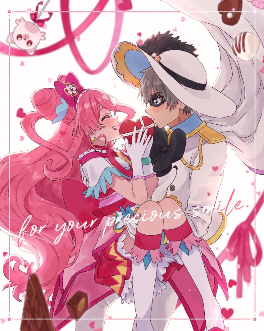 1boy, 1girl, black_pepper_(precure), blush, boots, candy, carrying, chocolate