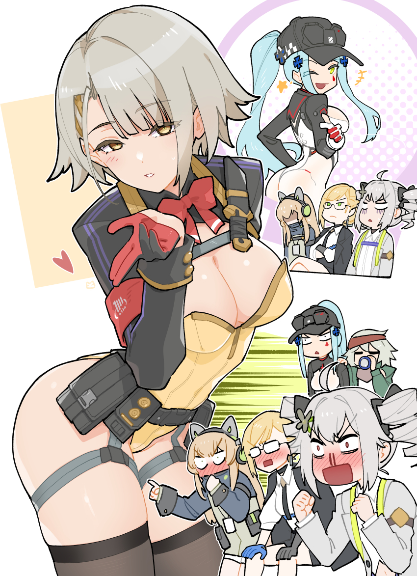 6+girls, absurdres, animal_ears, armband, bandana, belt, black_hat, black_thighhighs