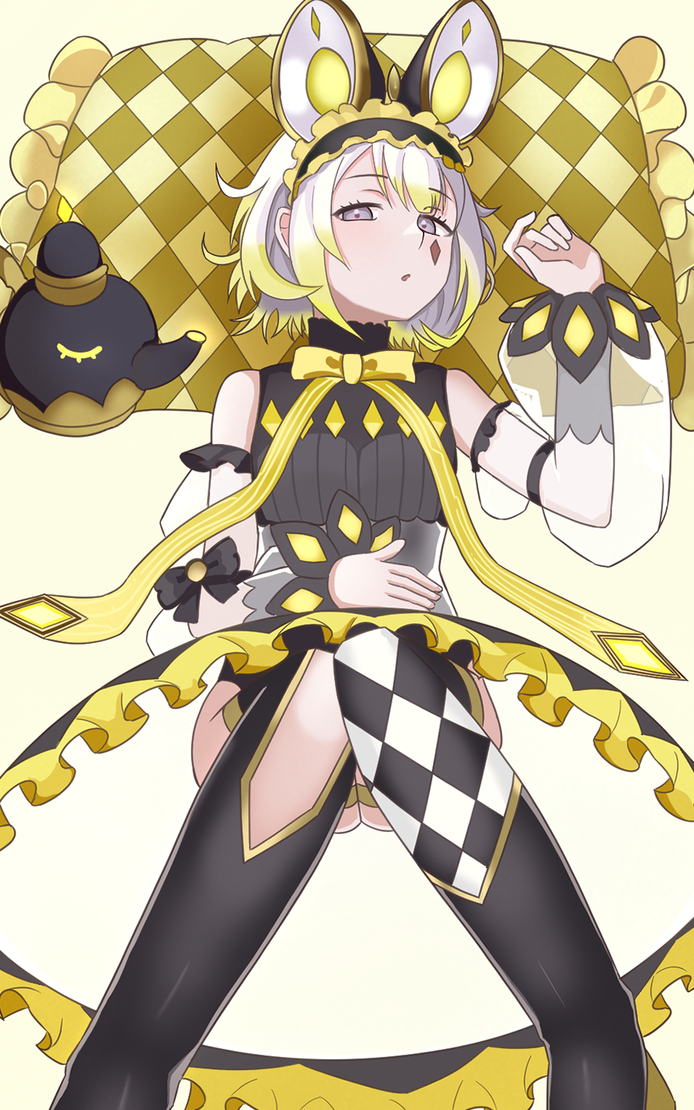 1girl, animal_ears, asymmetrical_legwear, checkered_pillow, detached_sleeves, duel_monster, half-closed_eyes, hand_on_own_stomach
