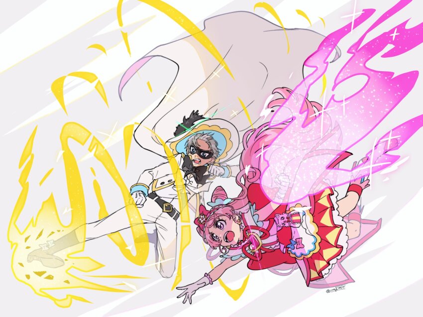 1boy, 1girl, attack, belt, black_pepper_(precure), boots, clenched_hand, clenched_hands