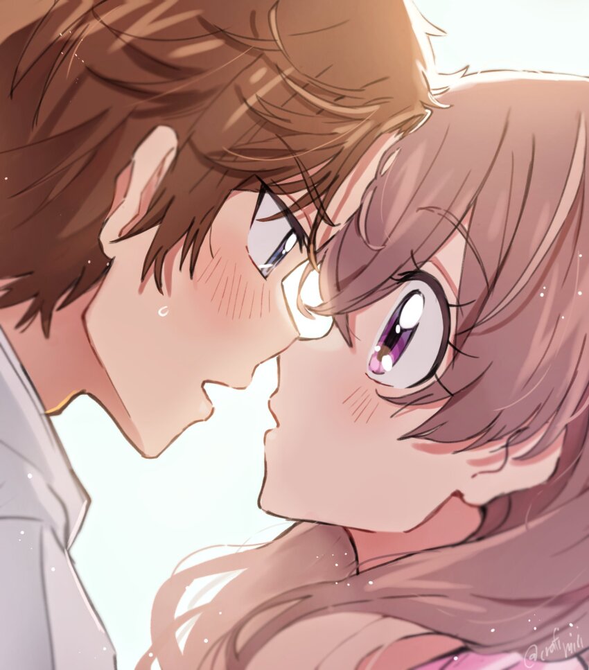 1boy, 1girl, blush, brown_hair, chest_pounding, close-up, couple, delicious_party_precure