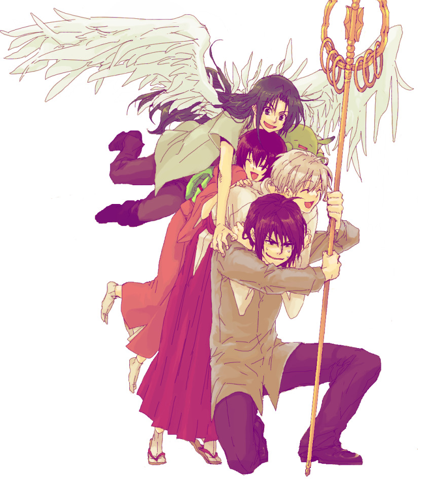 2girls, 3boys, arms_around_neck, black_hair, brown_hair, carrying, closed_eyes, creature