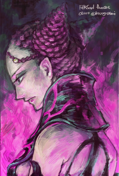 1girl, black_background, braid, breasts, collar, cone_hair_bun, folkssoul, from_side