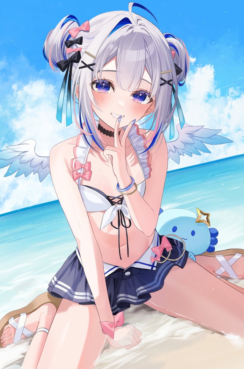 1girl, ahoge, amane_kanata, amane_kanata_(summer), angel_wings, beach, bikini, bikini_skirt