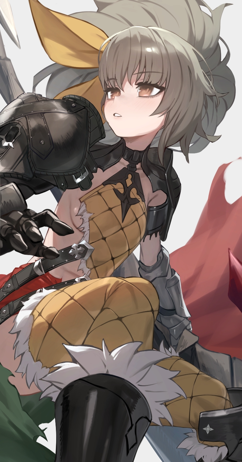 1girl, arlin_(sin_chronicle), armor, armored_boots, boots, breasts, brown_eyes, brown_hair, chorogon, commentary, commission, fur-trimmed_thighhighs, fur_trim, gauntlets, hair_ribbon, highres, holding, holding_weapon, long_hair, medium_breasts, parted_lips, ponytail, ribbon, shoulder_armor, sideboob, sin_chronicle, skeb_commission, solo, thighhighs, weapon, yellow_ribbon, yellow_thighhighs