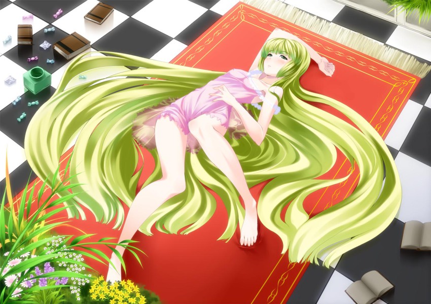 1girl, arm_above_head, barefoot, big_hair, blonde_hair, book, candy, carpet, checkered_floor, feet, female_focus, floor, flower, food, gosick, green_eyes, hair_spread_out, kuon_(break_through), kyuuen, long_hair, lying, nightgown, on_back, on_floor, plant, rug, solo, strap_slip, toes, very_long_hair, victorica_de_blois