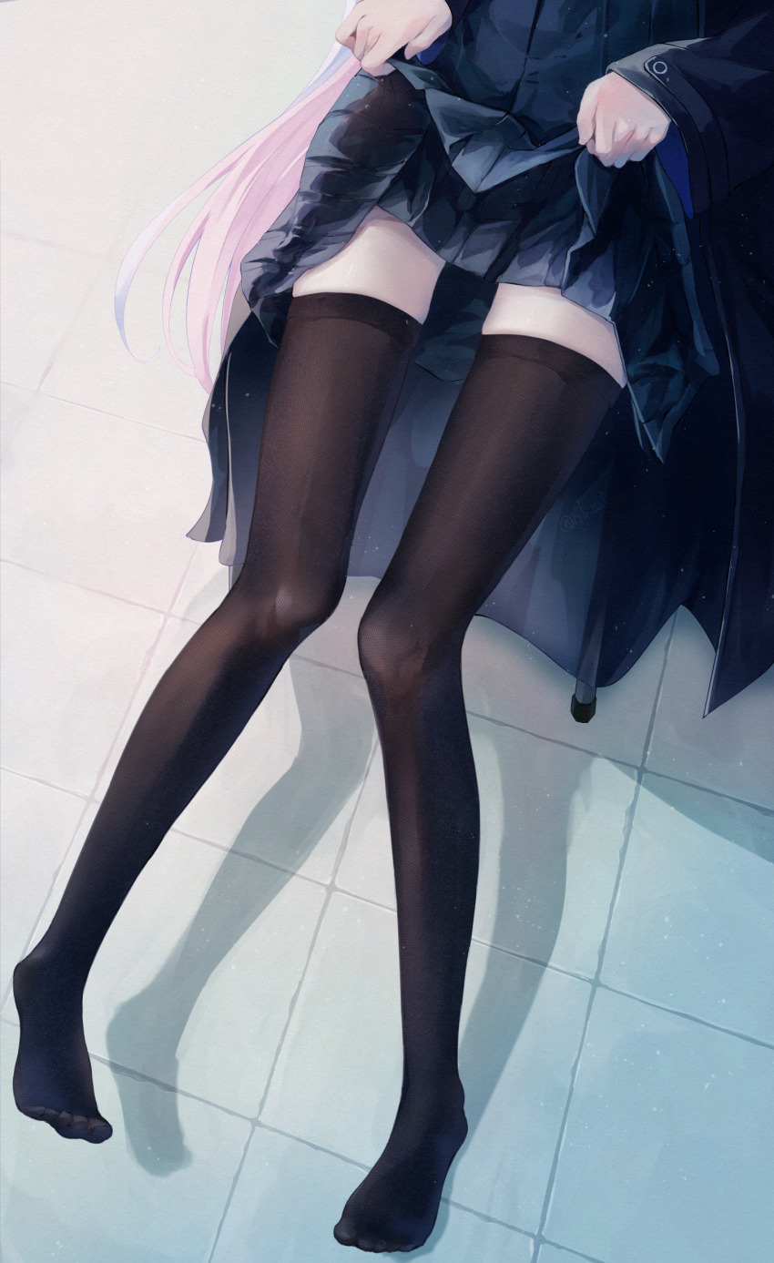 1girl, absurdres, black_jacket, black_shirt, black_skirt, black_thighhighs, blue_archive, clothes_lift