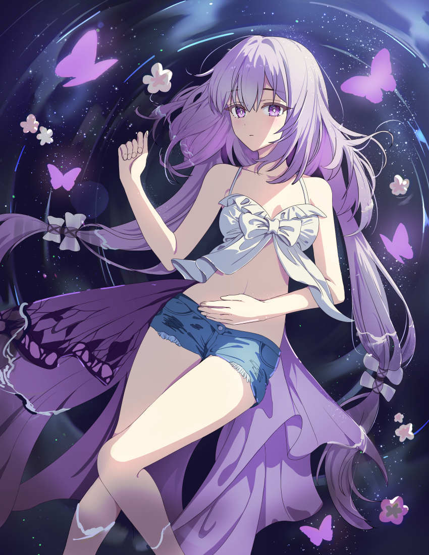 1girl, absurdres, afloat, alternate_costume, bare_legs, bare_shoulders, breasts, bug