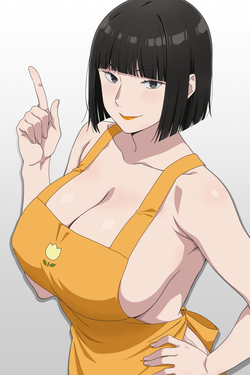 1girl, apron, black_hair, blue_period, blunt_bangs, breasts, cleavage, hand_on_own_hip