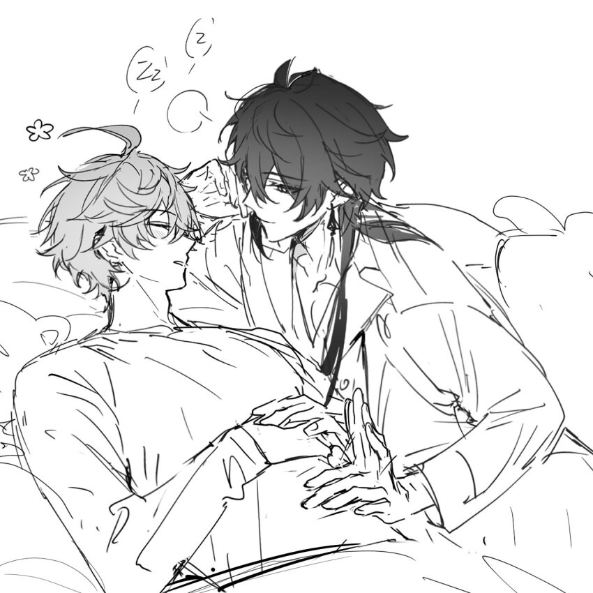 2boys, closed_eyes, genshin_impact, greyscale, hamtaru542899, highres, monochrome, mors_gn