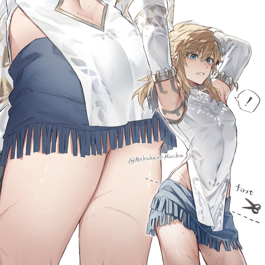 !, 1boy, alternate_costume, arms_up, ass, ass_cutout, blonde_hair, blue_eyes, blue_skirt, blush, butt_crack, clothing_cutout, colored_eyelashes, commentary, covered_navel, crossdressing, crossdressing_(mtf), detached_sleeves, english_commentary, hair_between_eyes, highres, light_particles, link, long_hair, male_focus, multiple_scars, nekohanemocha, nintendo, pointy_ears, scar, scissors, skirt, solo, speech_bubble, standing, sweat, the_legend_of_zelda, the_legend_of_zelda:_tears_of_the_kingdom, thigh_focus, thighs, trap, twitter_username, white_background