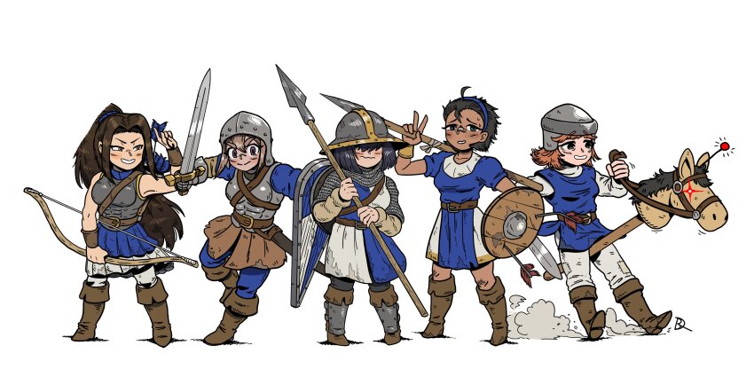 5girls, absurdres, age_of_empires_(series), age_of_empires_ii, archer_(aoe2), armor, bare_shoulders, black_hair, blush, boots, bow_(weapon), breasts, brown_boots, brown_hair, collarbone, grin, helmet, highres, hobby_horse, holding, holding_bow_(weapon), holding_shield, holding_sword, holding_weapon, horse, kabewski, knee_boots, large_breasts, long_hair, longswordsman_(aoe2), multiple_girls, ponytail, scout_cavalry_(aoe2), shield, short_hair, simple_background, skirmisher_(age_of_empires_ii), skirt, smile, spearman_(aoe2), sword, v, wavy_mouth, weapon, white_background