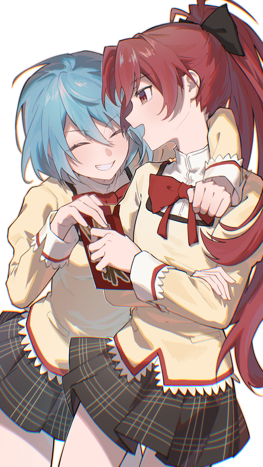 2girls, ^_^, absurdres, arm_around_neck, black_skirt, blue_hair, bow, bowtie