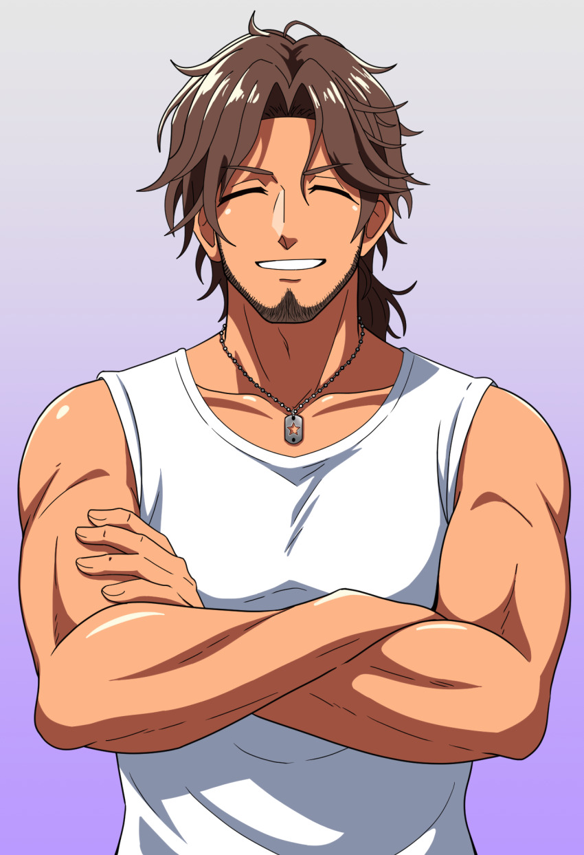 1boy, bear, belmond_banderas, brown_hair, closed_eyes, crossed_arms, facial_hair, facing_viewer, gradient_background, highres, jewelry, looking_at_viewer, male_focus, necklace, nijisanji, saraphon, shirt, smile, solo, tan, virtual_youtuber, white_shirt