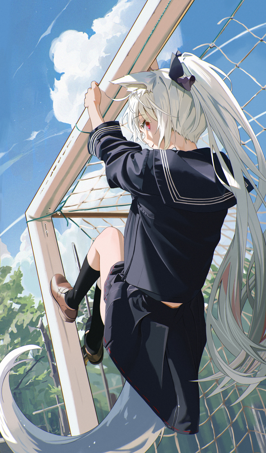 1girl, absurdres, animal_ear_fluff, animal_ears, arms_up, auguste, black_sailor_collar, black_serafuku, black_shirt, black_skirt, black_socks, blue_sky, brown_shoes, climbing, closed_mouth, cloud, commentary_request, day, football_goal, fox_ears, fox_girl, fox_tail, full_body, goal, highres, kneehighs, loafers, long_sleeves, looking_at_viewer, looking_back, original, outdoors, ponytail, red_eyes, sailor_collar, school_uniform, serafuku, shirt, shoes, skirt, sky, smile, socks, solo, tail, white_hair