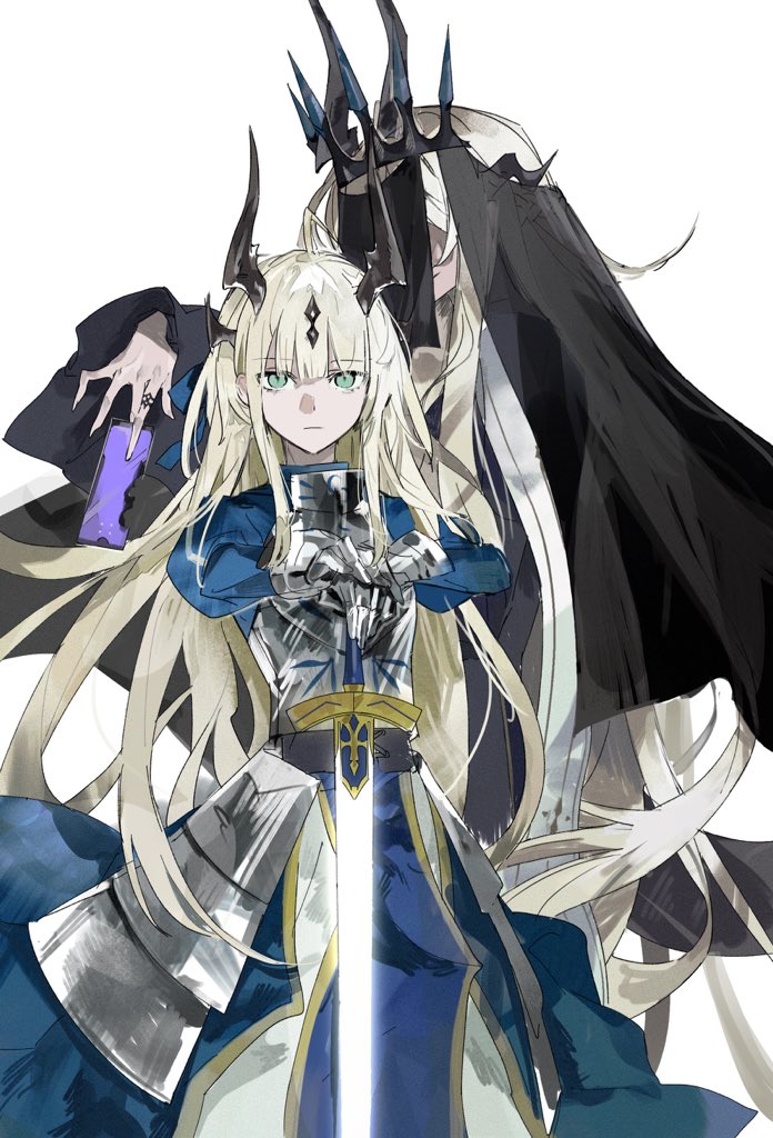 2girls, ahoge, arknights, armor, armored_dress, artoria_pendragon_(fate), black_dress, black_veil