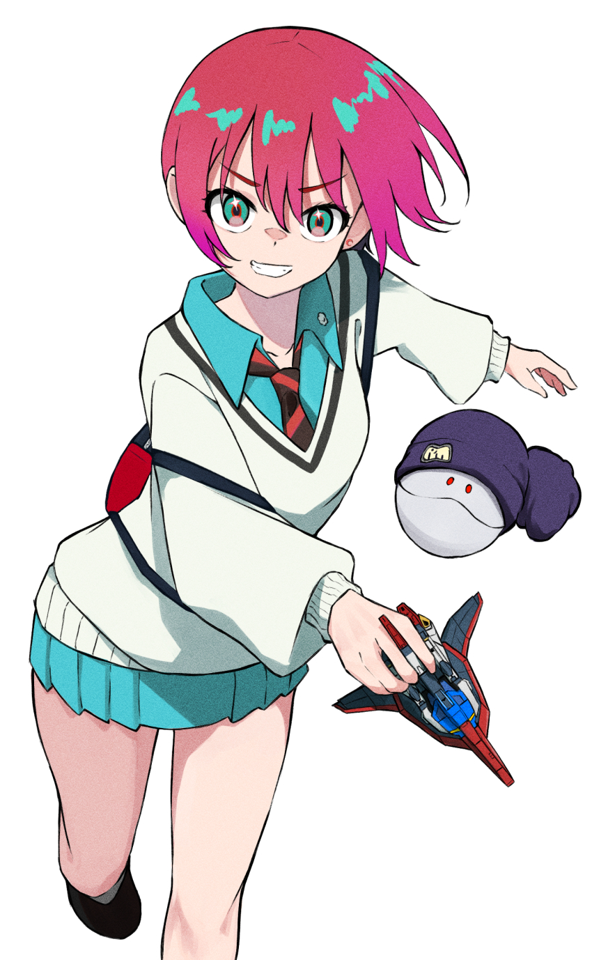 1girl, amate_yuzuriha, aqua_eyes, aqua_shirt, aqua_skirt, backpack, bag, beanie