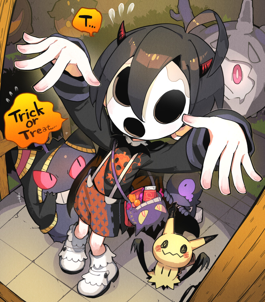 allister_(pokemon), banette, black_hair, character_bag, cosplay, cursola, demon_horns, doorway