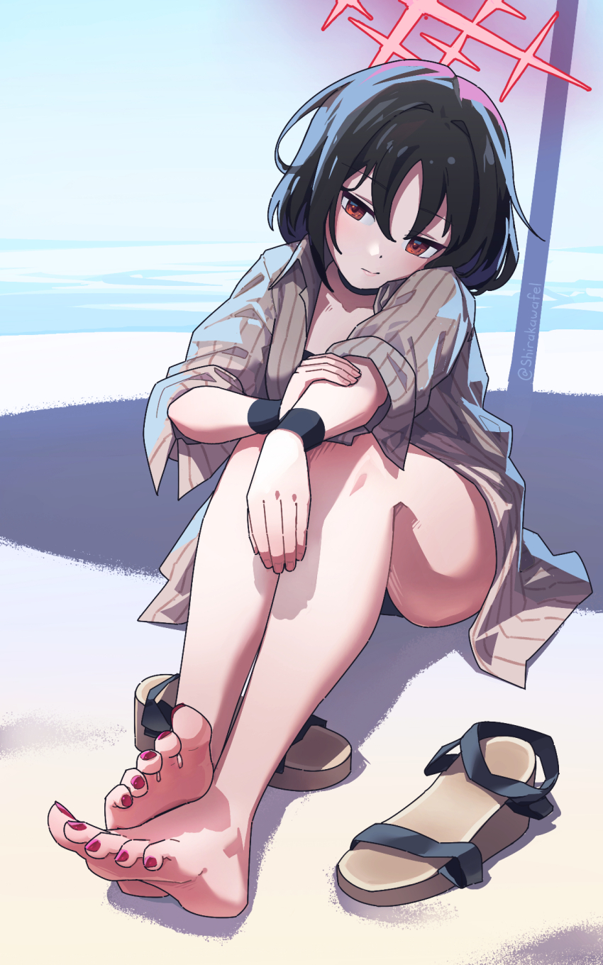 1girl, barefoot, beach, bikini, black_bikini, black_hair, blue_archive, feet