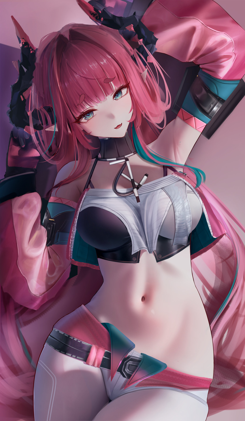 1girl, absurdres, arknights, arknights:_endfield, arm_up, armpits, bare_shoulders, belt, blunt_bangs, crop_top, detached_sleeves, dragon_horns, fang, g11_and_bang, gloves, green_eyes, highres, horns, impossible_clothes, long_sleeves, looking_at_viewer, lying, midriff, navel, on_back, open_mouth, pants, pink_gloves, pointy_ears, solo, thick_eyebrows, white_pants, yvonne_(arknights)