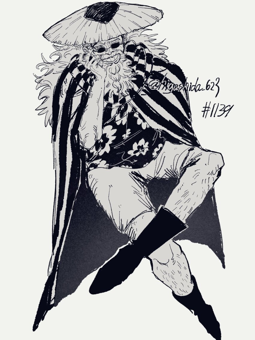 1boy, beard, boots, cloak, commentary, facial_hair, greyscale, hat